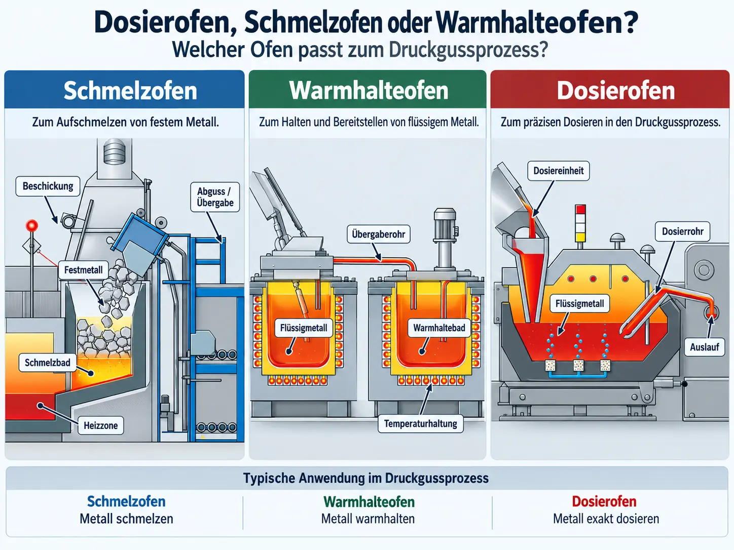 Infographic comparing melting, holding and dosing furnaces in aluminium die casting, including process flow, applications and furnace selection criteria