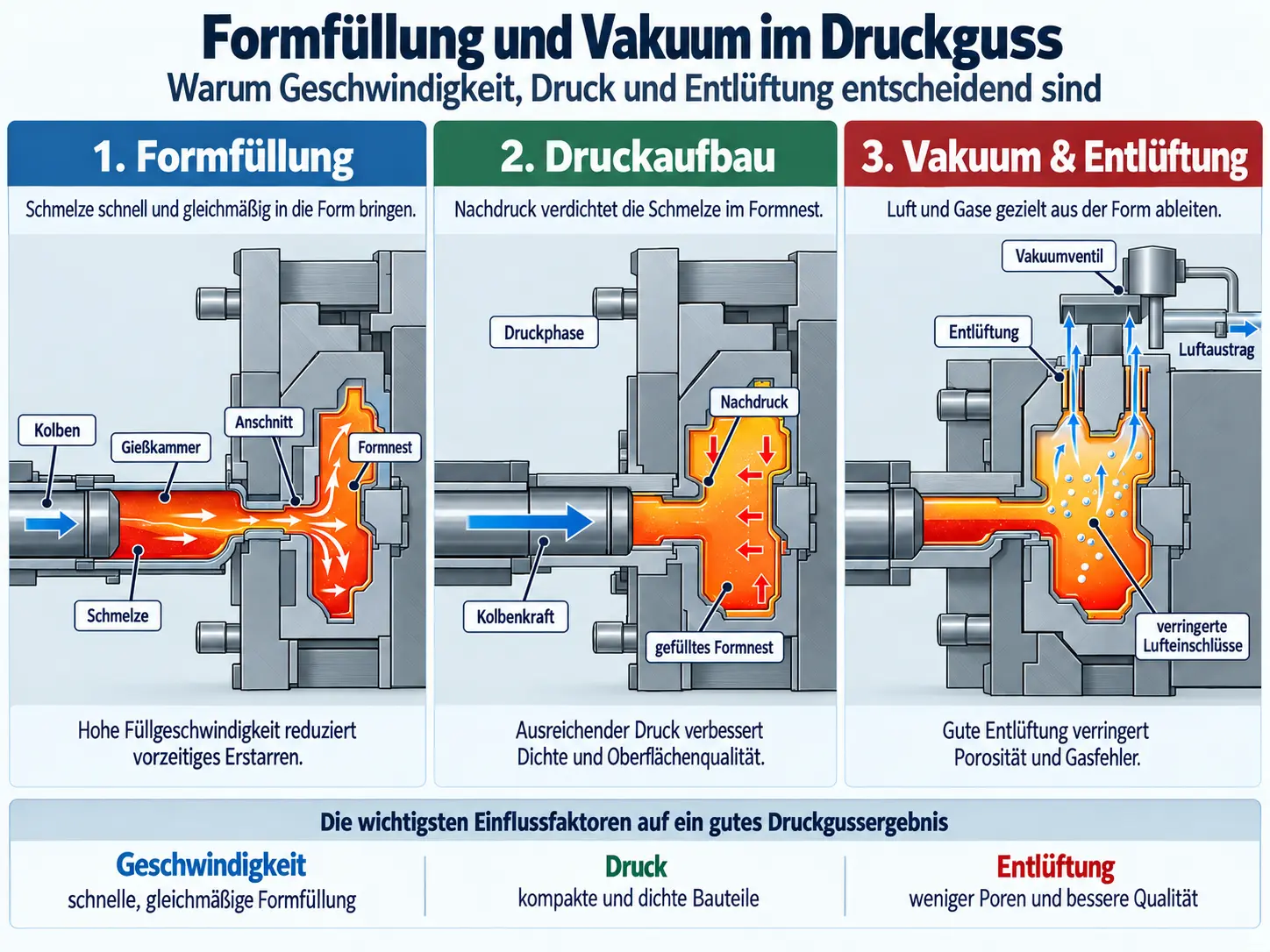 3D infographic showing mold filling and vacuum in die casting, including filling sequence, venting, porosity and vacuum system