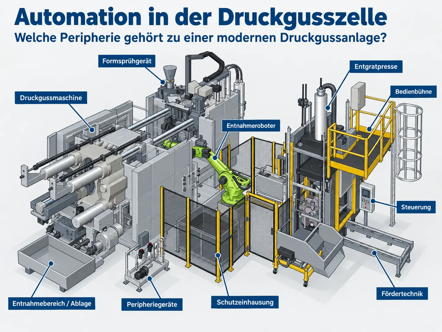3D infographic showing automation in a die casting cell with dosing furnace, temperature control, spraying unit, extraction robot, trimming press and part handling
